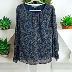 Daniel Rainn Navy Blue Multi Color XL‎ Paisley Keyhole Neck Long Sleeve Blouse